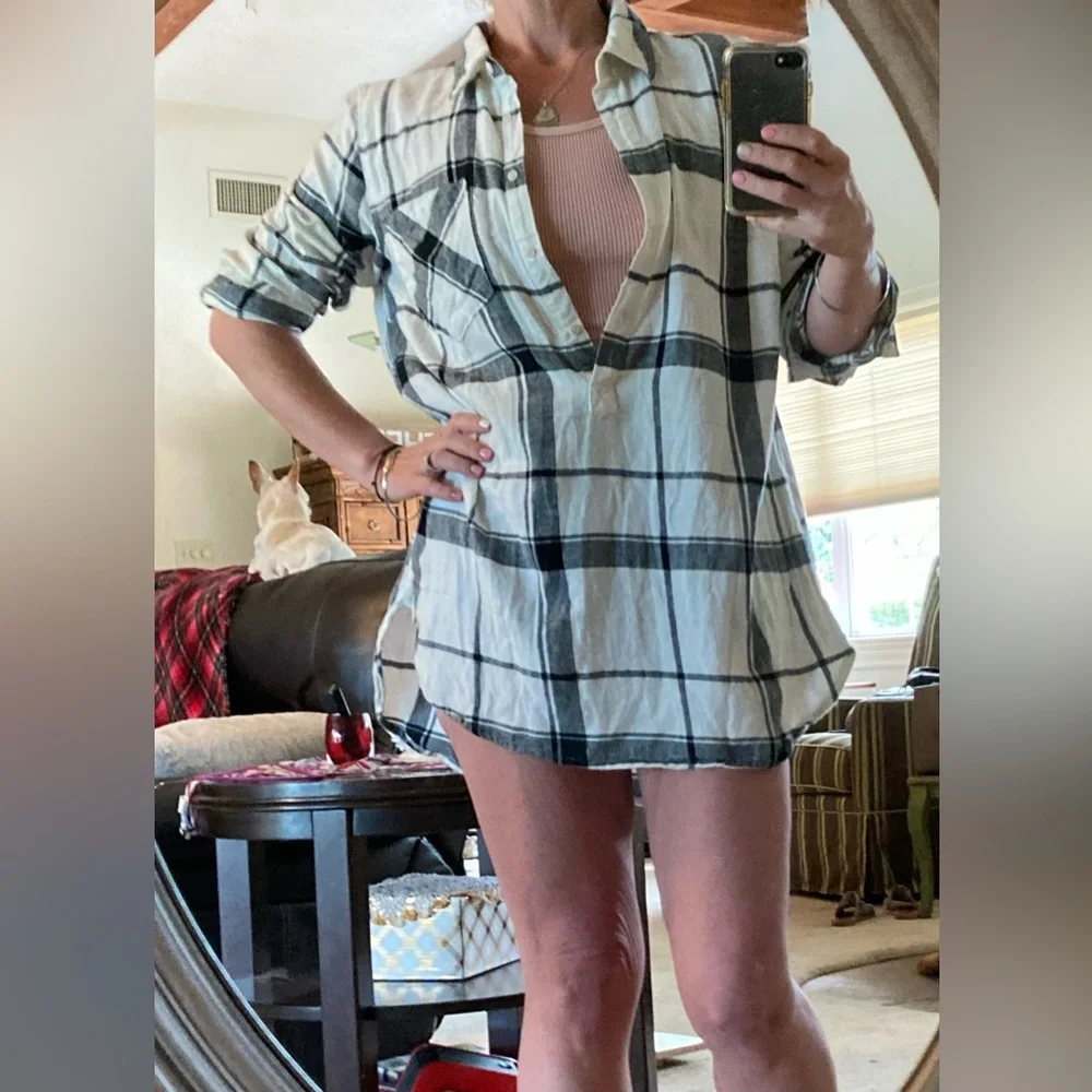 Merona Flannel Plaid White, Black and Gold Tunic Top XL - Picture 9 of 11